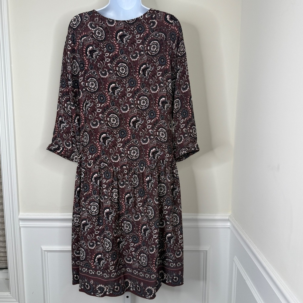 Garnet Hill Dress‎ Sz 10 Floral Pleated Fit Flare w/Pockets Long Sleeve Boho - Picture 4 of 11